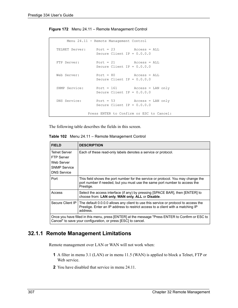 1 remote management limitations, Figure 172 menu 24.11 – remote management control, Table 102 menu 24.11 – remote management control | ZyXEL Communications P-334 User Manual | Page 308 / 366