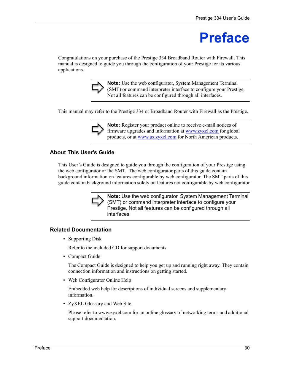 Preface, About this user's guide, Related documentation | ZyXEL Communications P-334 User Manual | Page 31 / 366