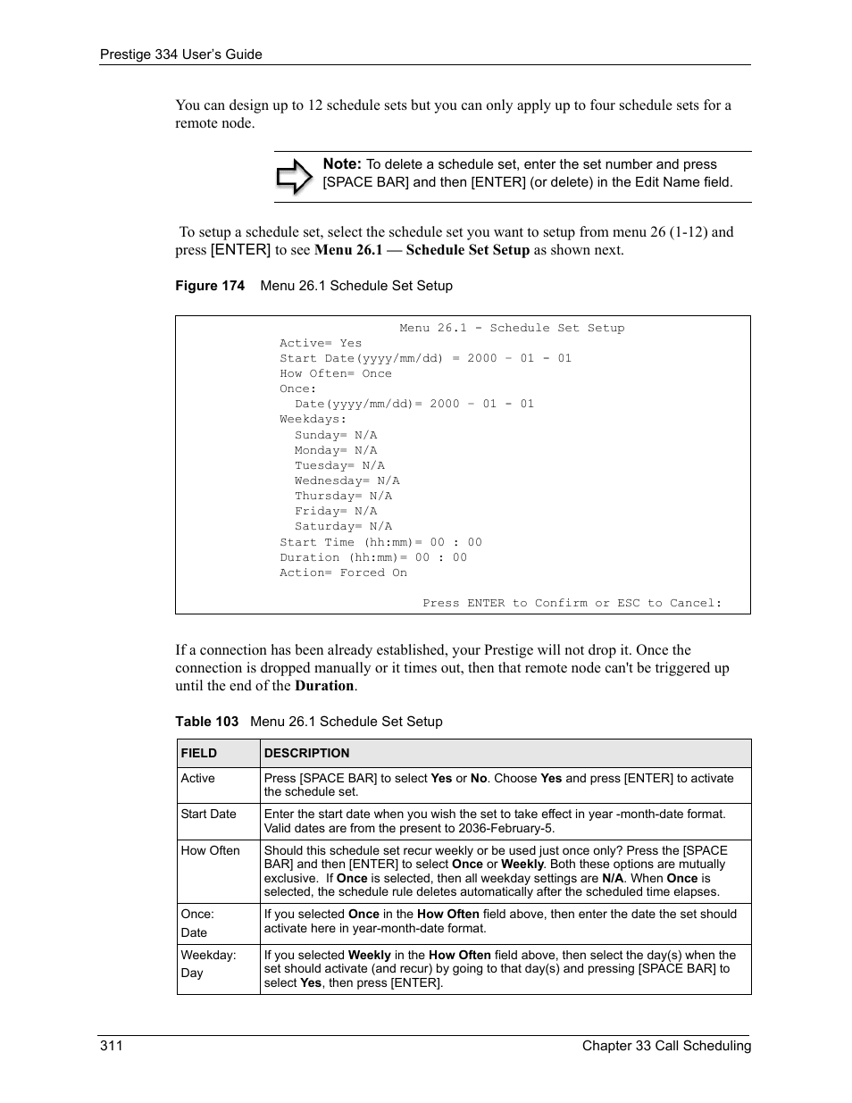 Figure 174 menu 26.1 schedule set setup, Table 103 menu 26.1 schedule set setup | ZyXEL Communications P-334 User Manual | Page 312 / 366