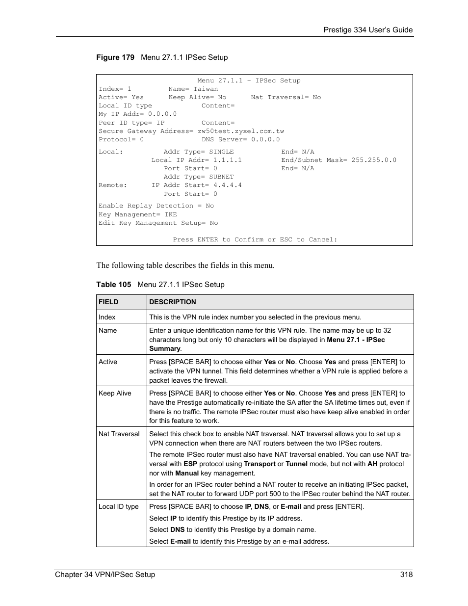 Figure 179 menu 27.1.1 ipsec setup, Table 105 menu 27.1.1 ipsec setup | ZyXEL Communications P-334 User Manual | Page 319 / 366