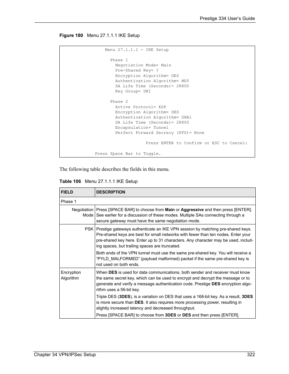 Figure 180 menu 27.1.1.1 ike setup, Table 106 menu 27.1.1.1 ike setup | ZyXEL Communications P-334 User Manual | Page 323 / 366