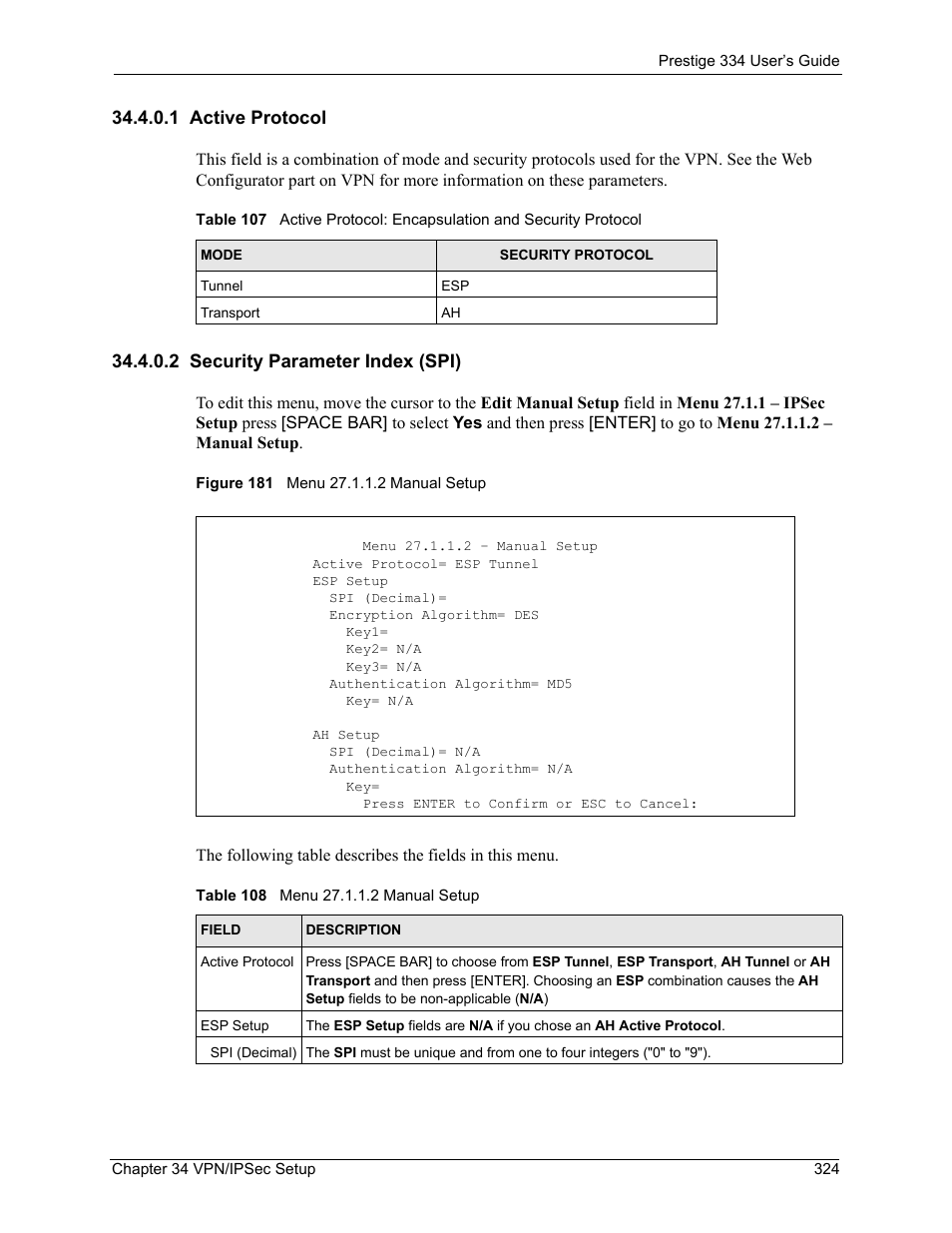 1 active protocol, 2 security parameter index (spi), Figure 181 menu 27.1.1.2 manual setup | ZyXEL Communications P-334 User Manual | Page 325 / 366