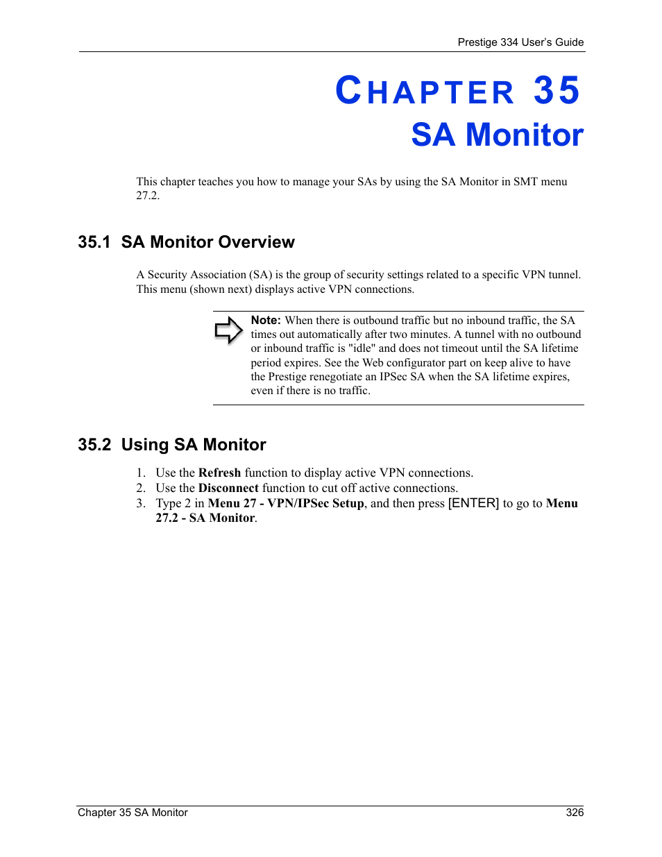 Sa monitor, 1 sa monitor overview, 2 using sa monitor | Chapter 35 sa monitor, 1 sa monitor overview 35.2 using sa monitor | ZyXEL Communications P-334 User Manual | Page 327 / 366