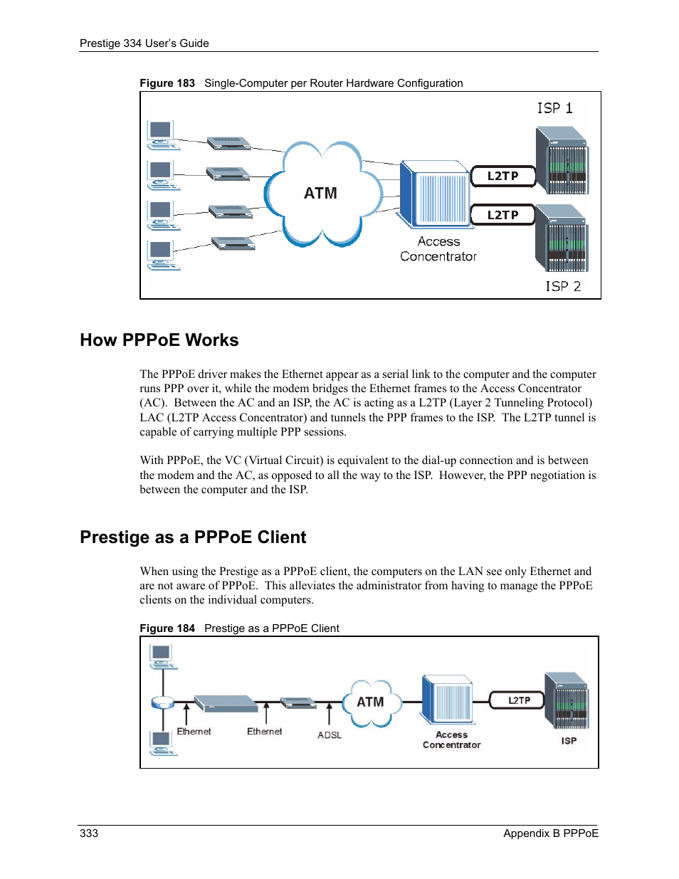 How pppoe works, Prestige as a pppoe client | ZyXEL Communications P-334 User Manual | Page 332 / 366