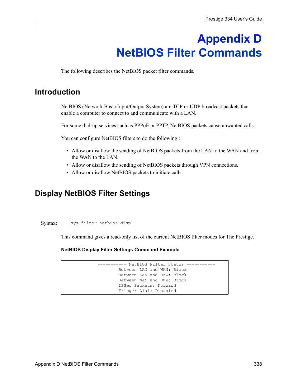 Appendix d, Netbios filter commands, Introduction | Display netbios filter settings, Appendix d netbios filter commands | ZyXEL Communications P-334 User Manual | Page 337 / 366