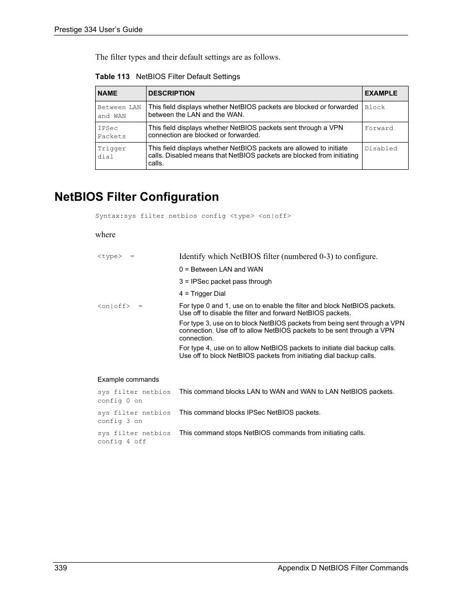 Netbios filter configuration | ZyXEL Communications P-334 User Manual | Page 338 / 366