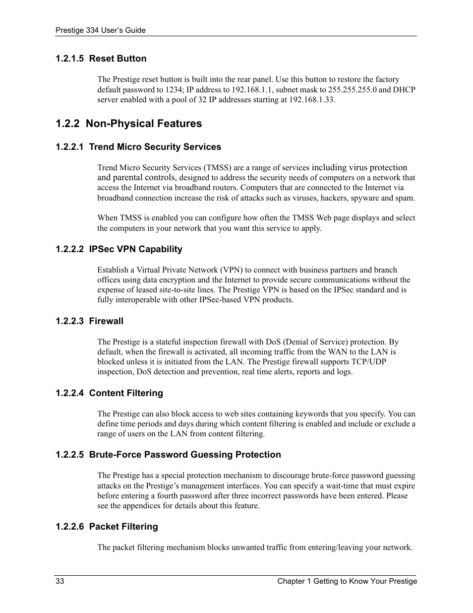5 reset button, 2 non-physical features, 1 trend micro security services | 2 ipsec vpn capability, 3 firewall, 4 content filtering, 5 brute-force password guessing protection, 6 packet filtering | ZyXEL Communications P-334 User Manual | Page 34 / 366