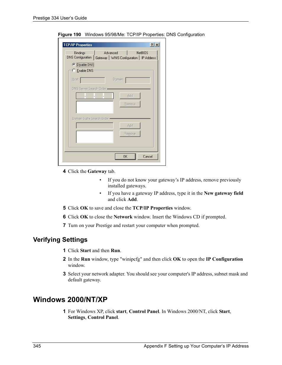 Verifying settings, Windows 2000/nt/xp | ZyXEL Communications P-334 User Manual | Page 344 / 366