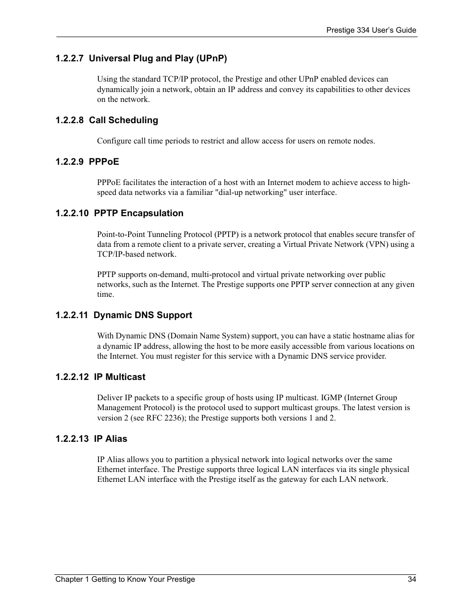 7 universal plug and play (upnp), 8 call scheduling, 9 pppoe | 10 pptp encapsulation, 11 dynamic dns support, 12 ip multicast, 13 ip alias | ZyXEL Communications P-334 User Manual | Page 35 / 366