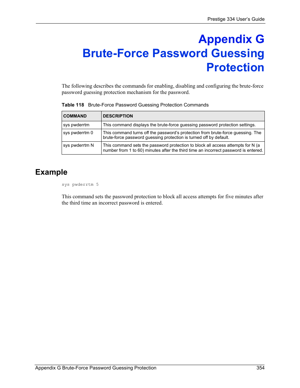 Appendix g, Brute-force password guessing protection, Example | ZyXEL Communications P-334 User Manual | Page 353 / 366