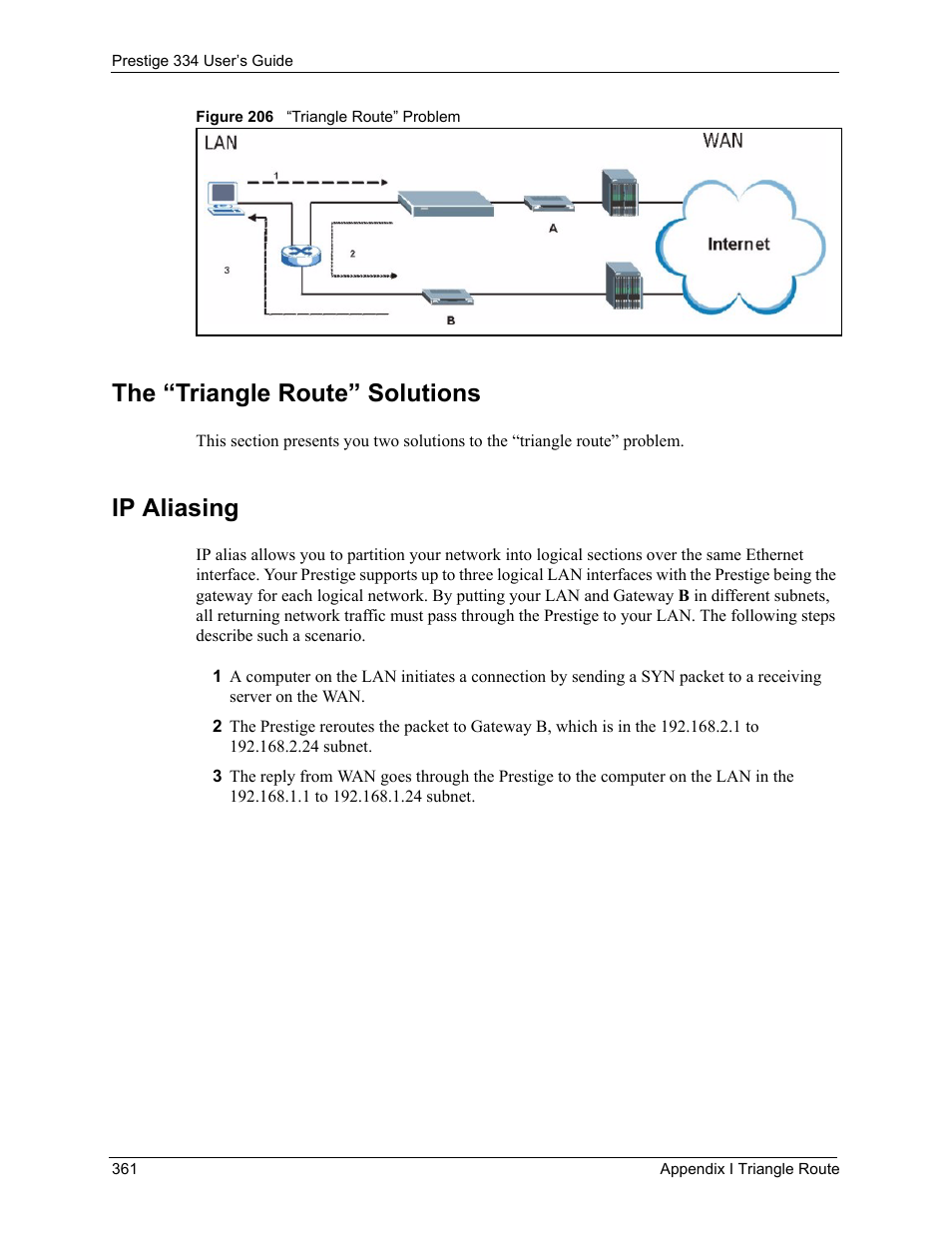 The “triangle route” solutions, Ip aliasing | ZyXEL Communications P-334 User Manual | Page 360 / 366
