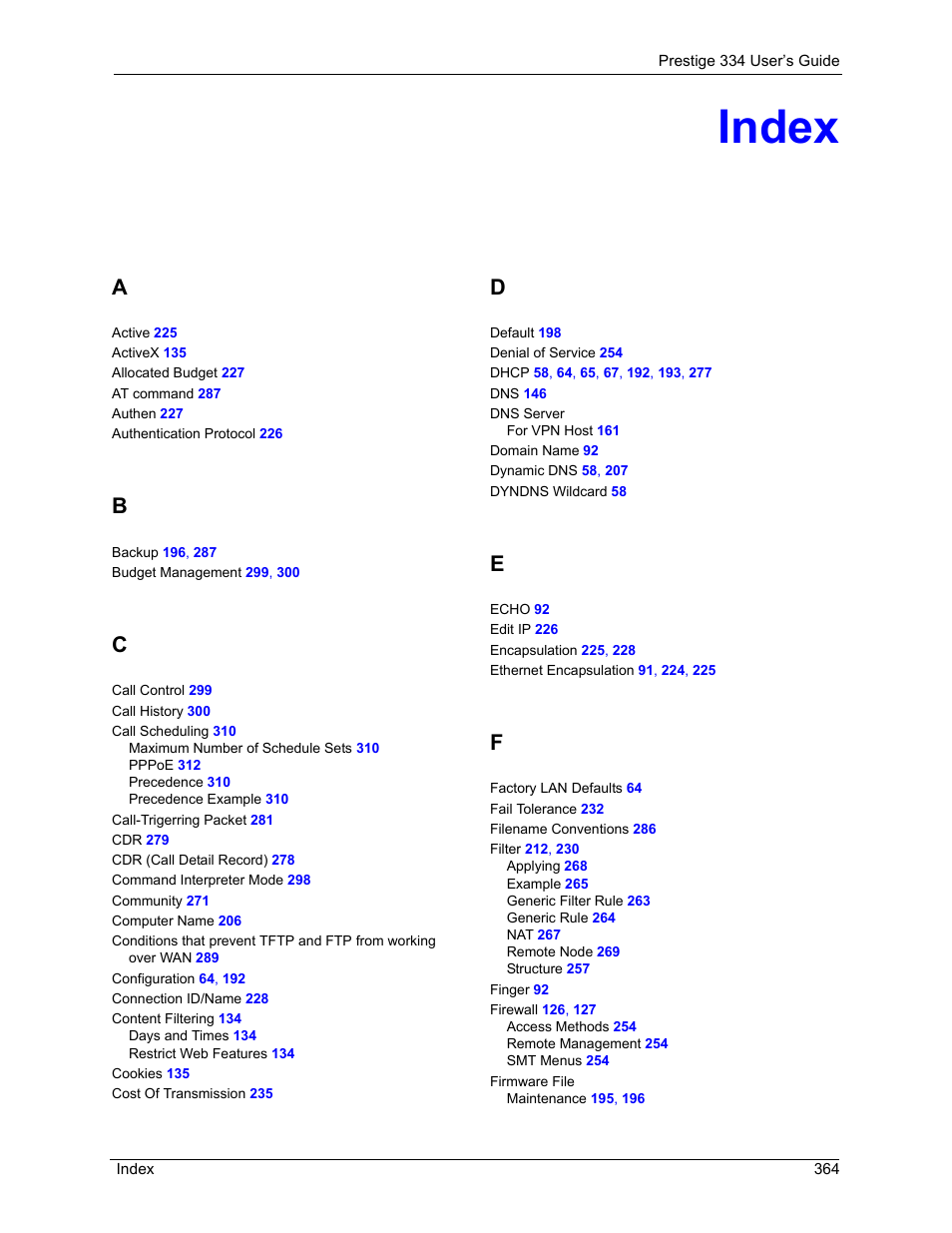 Index | ZyXEL Communications P-334 User Manual | Page 363 / 366
