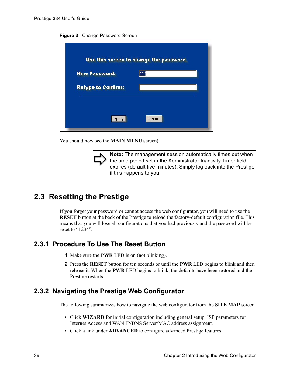 3 resetting the prestige, 1 procedure to use the reset button, 2 navigating the prestige web configurator | Figure 3 change password screen | ZyXEL Communications P-334 User Manual | Page 40 / 366