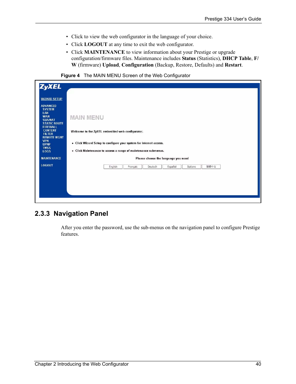 3 navigation panel | ZyXEL Communications P-334 User Manual | Page 41 / 366
