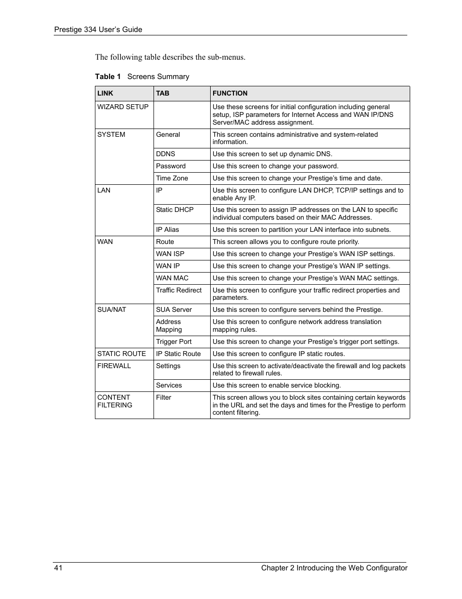 Table 1 screens summary | ZyXEL Communications P-334 User Manual | Page 42 / 366