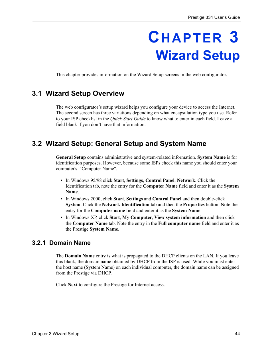 Wizard setup, 1 wizard setup overview, 2 wizard setup: general setup and system name | 1 domain name, Chapter 3 wizard setup | ZyXEL Communications P-334 User Manual | Page 45 / 366