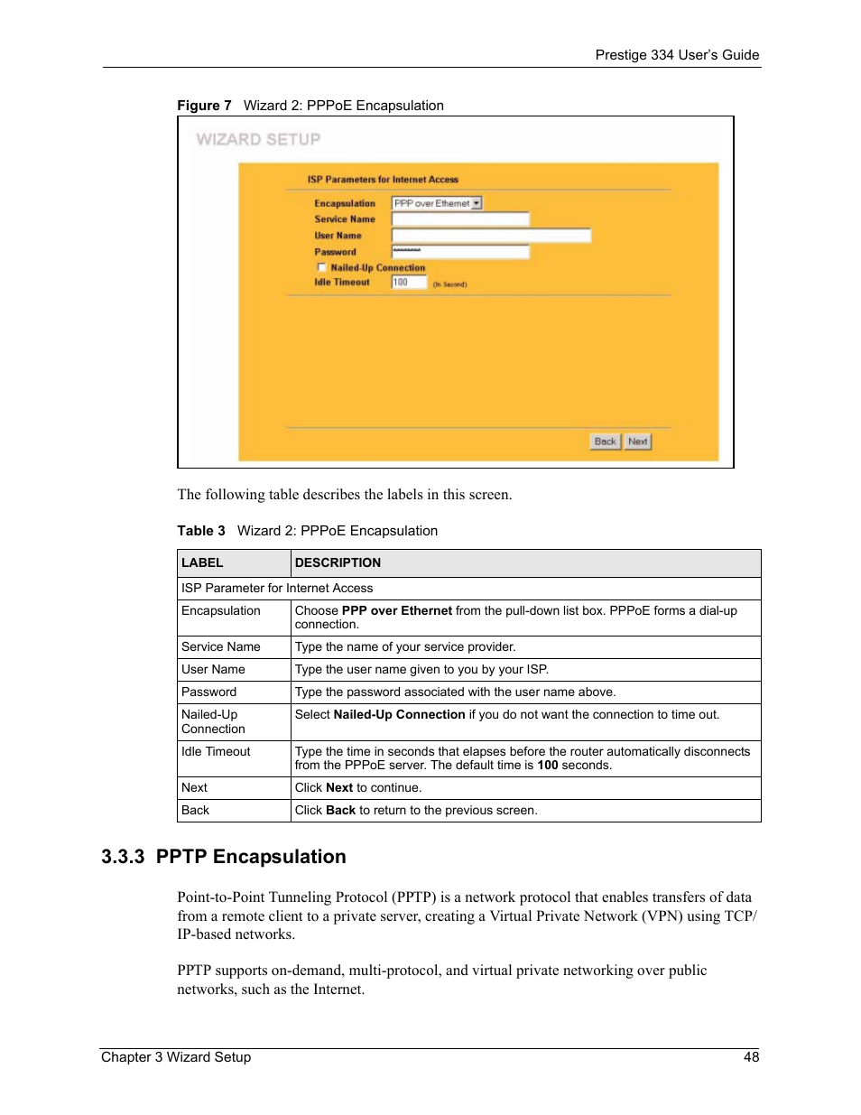 3 pptp encapsulation, Figure 7 wizard 2: pppoe encapsulation, Table 3 wizard 2: pppoe encapsulation | ZyXEL Communications P-334 User Manual | Page 49 / 366