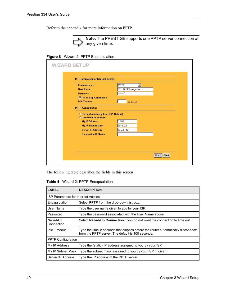 Figure 8 wizard 2: pptp encapsulation, Table 4 wizard 2: pptp encapsulation | ZyXEL Communications P-334 User Manual | Page 50 / 366