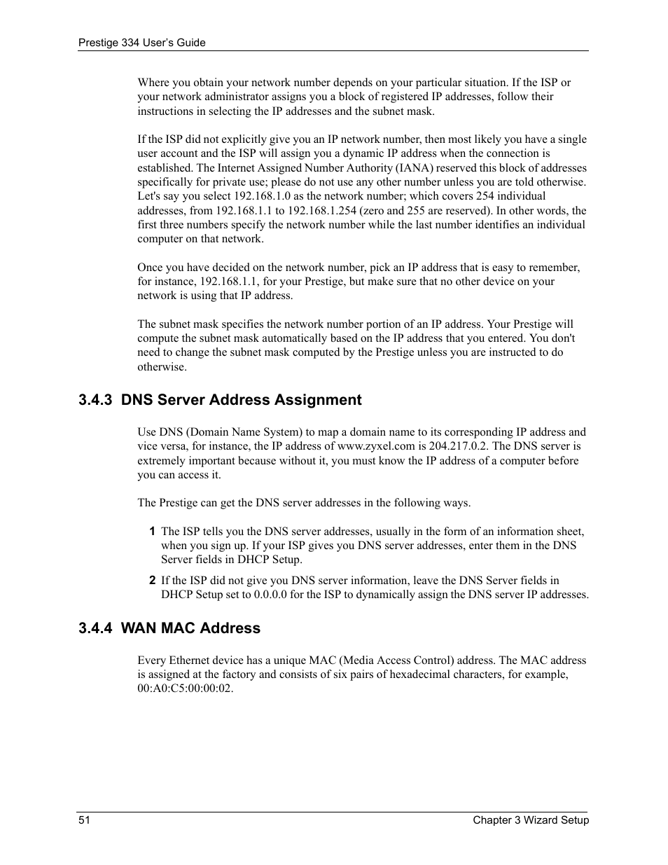 3 dns server address assignment, 4 wan mac address | ZyXEL Communications P-334 User Manual | Page 52 / 366