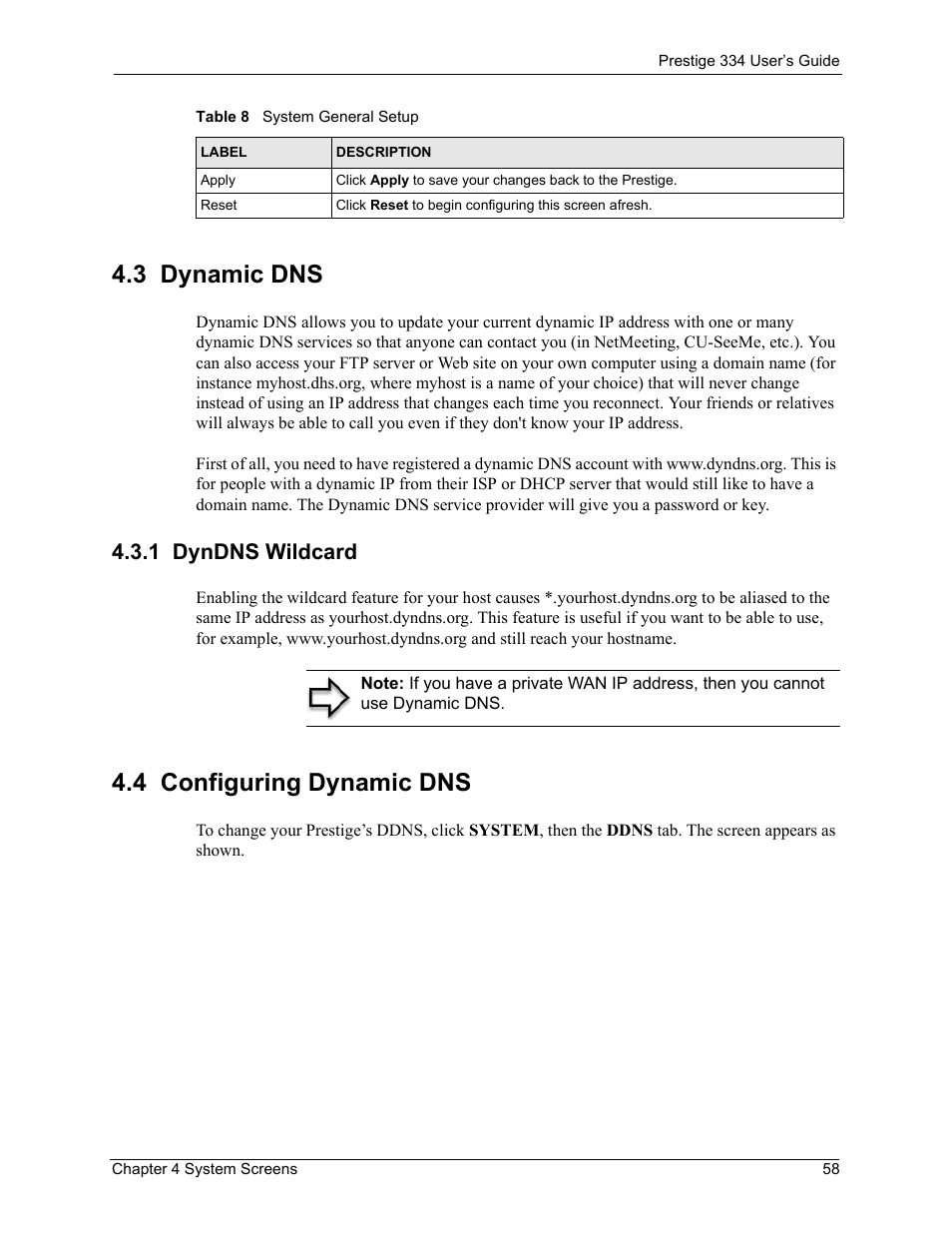 3 dynamic dns, 1 dyndns wildcard, 4 configuring dynamic dns | ZyXEL Communications P-334 User Manual | Page 59 / 366
