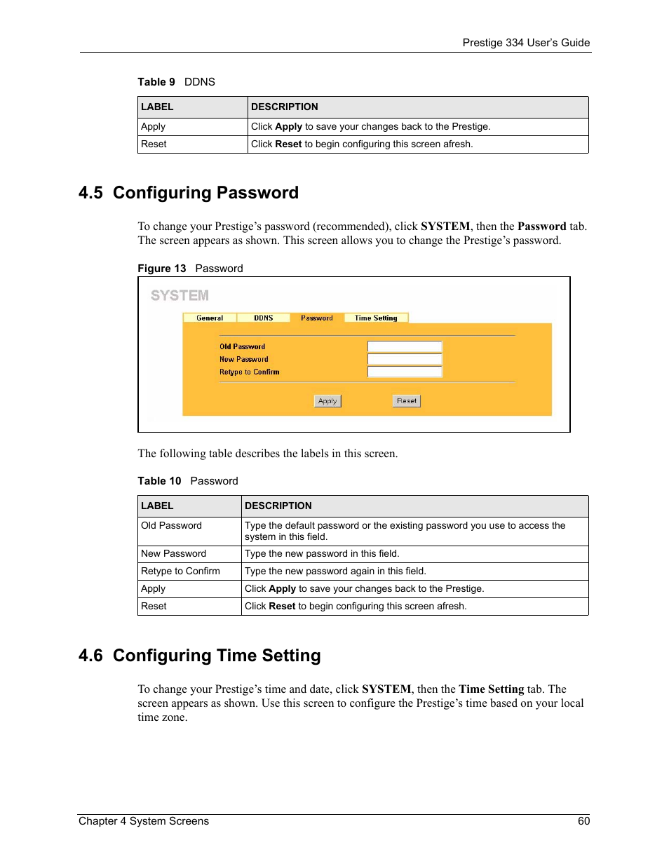5 configuring password, 6 configuring time setting, Figure 13 password | Table 10 password | ZyXEL Communications P-334 User Manual | Page 61 / 366