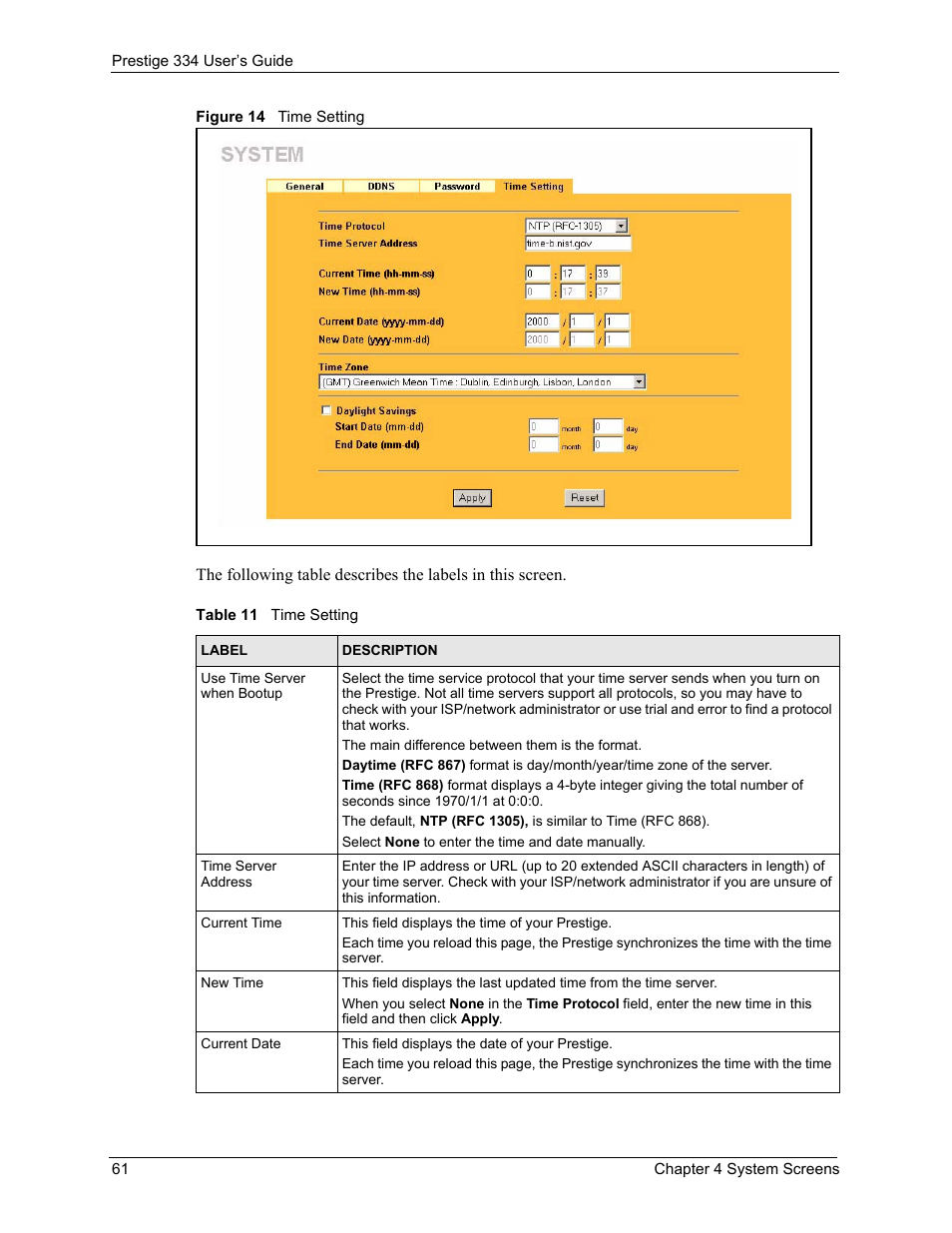Figure 14 time setting, Table 11 time setting | ZyXEL Communications P-334 User Manual | Page 62 / 366