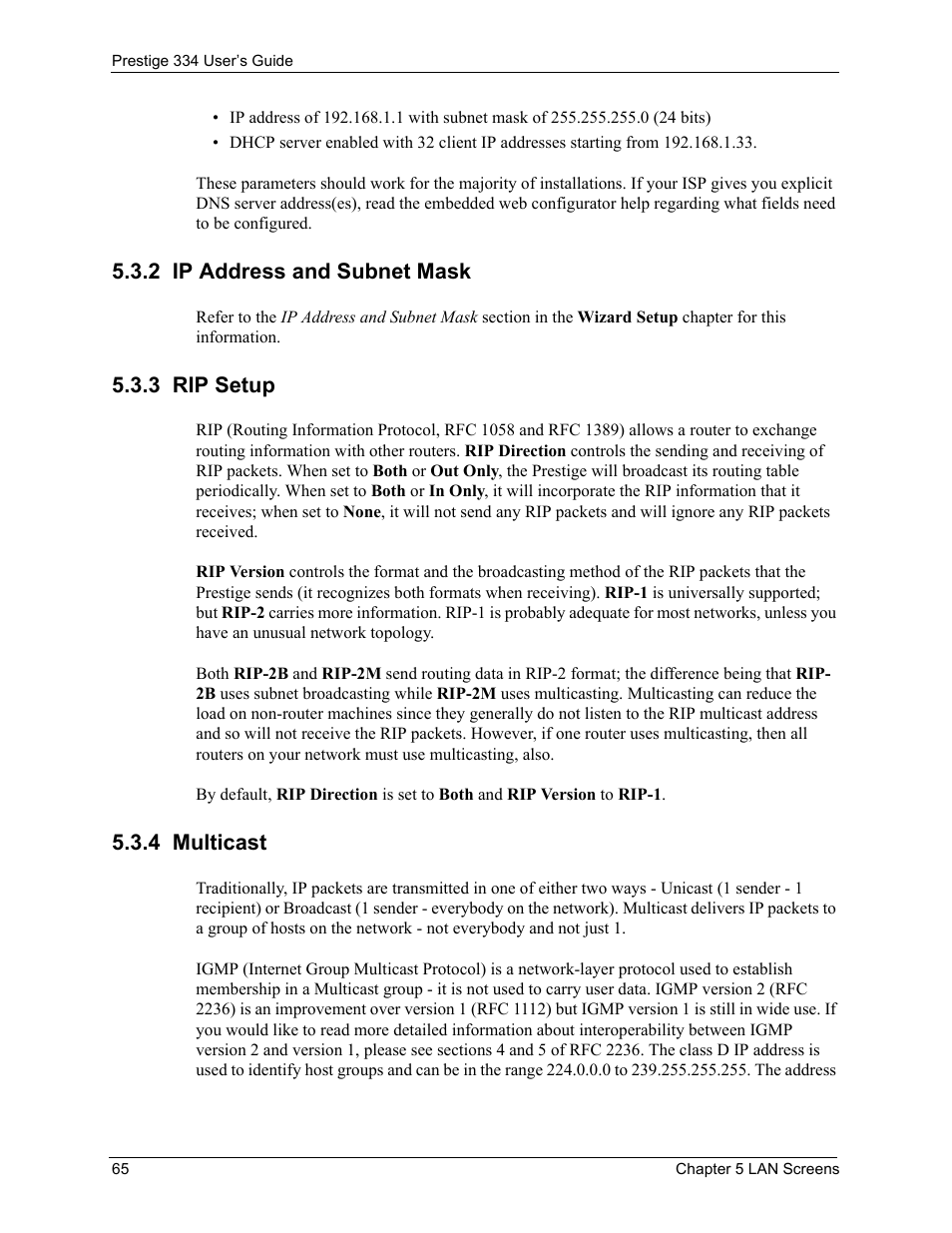 2 ip address and subnet mask, 3 rip setup, 4 multicast | ZyXEL Communications P-334 User Manual | Page 66 / 366