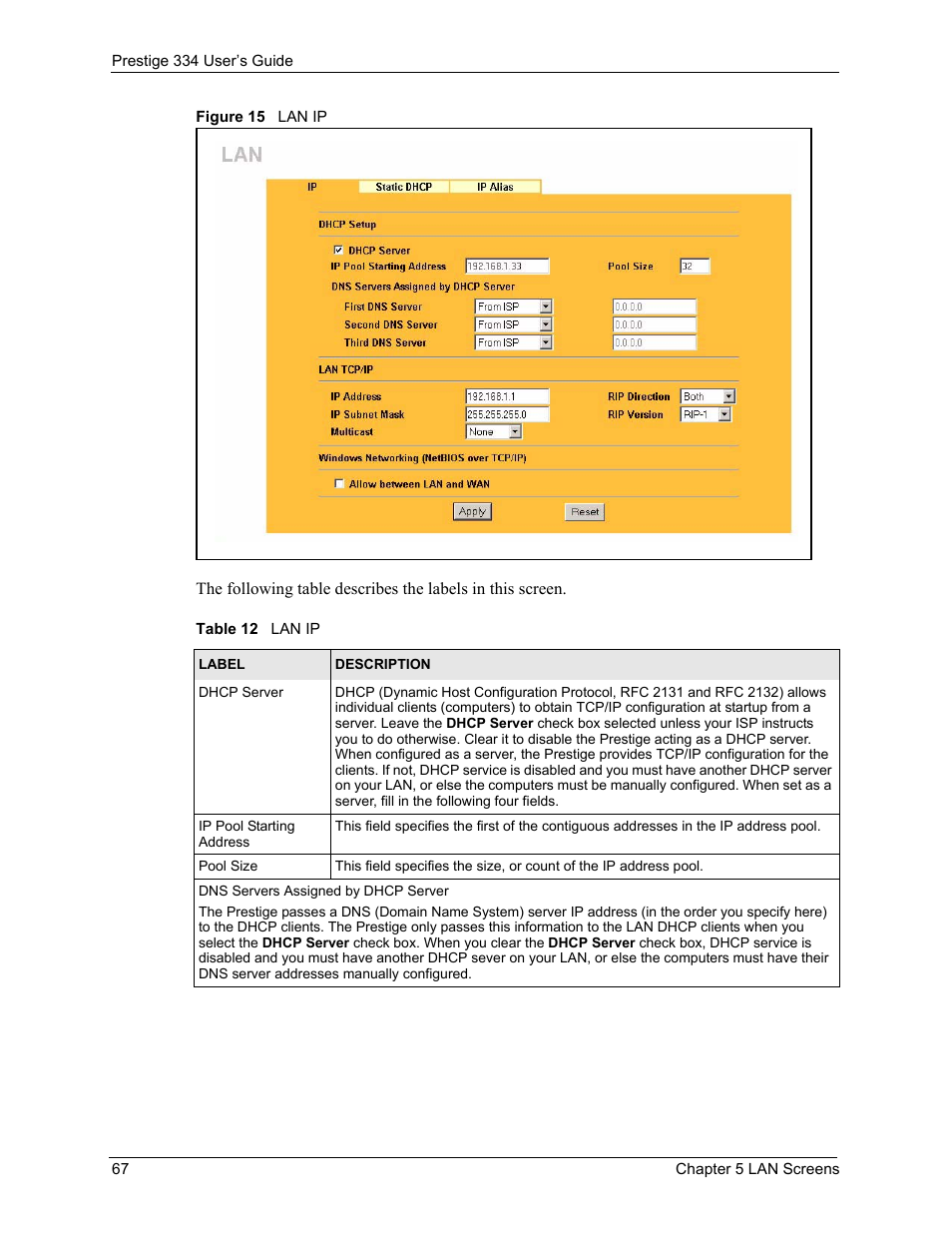Figure 15 lan ip, Table 12 lan ip | ZyXEL Communications P-334 User Manual | Page 68 / 366