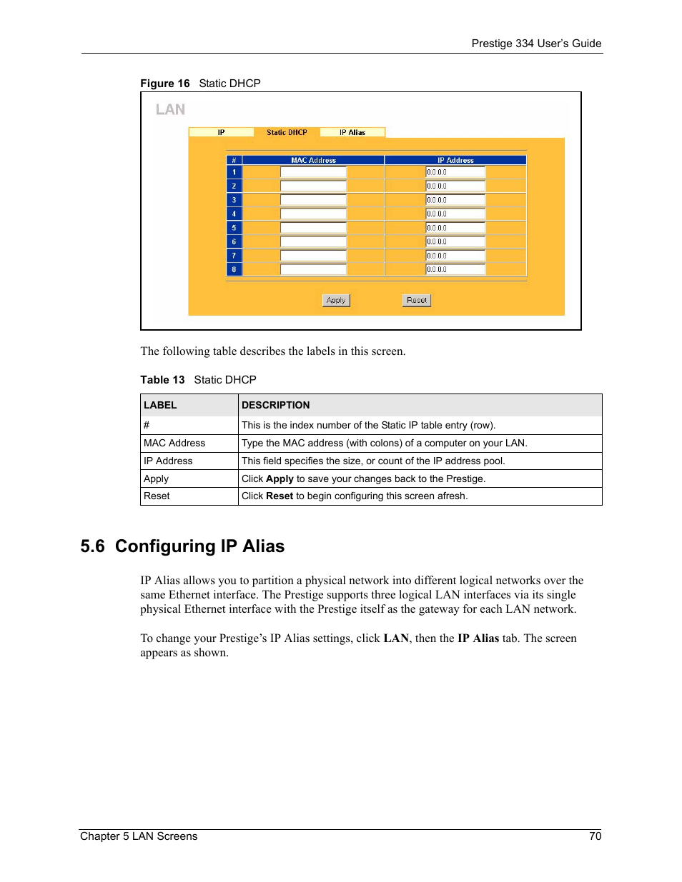 6 configuring ip alias, Figure 16 static dhcp, Table 13 static dhcp | ZyXEL Communications P-334 User Manual | Page 71 / 366