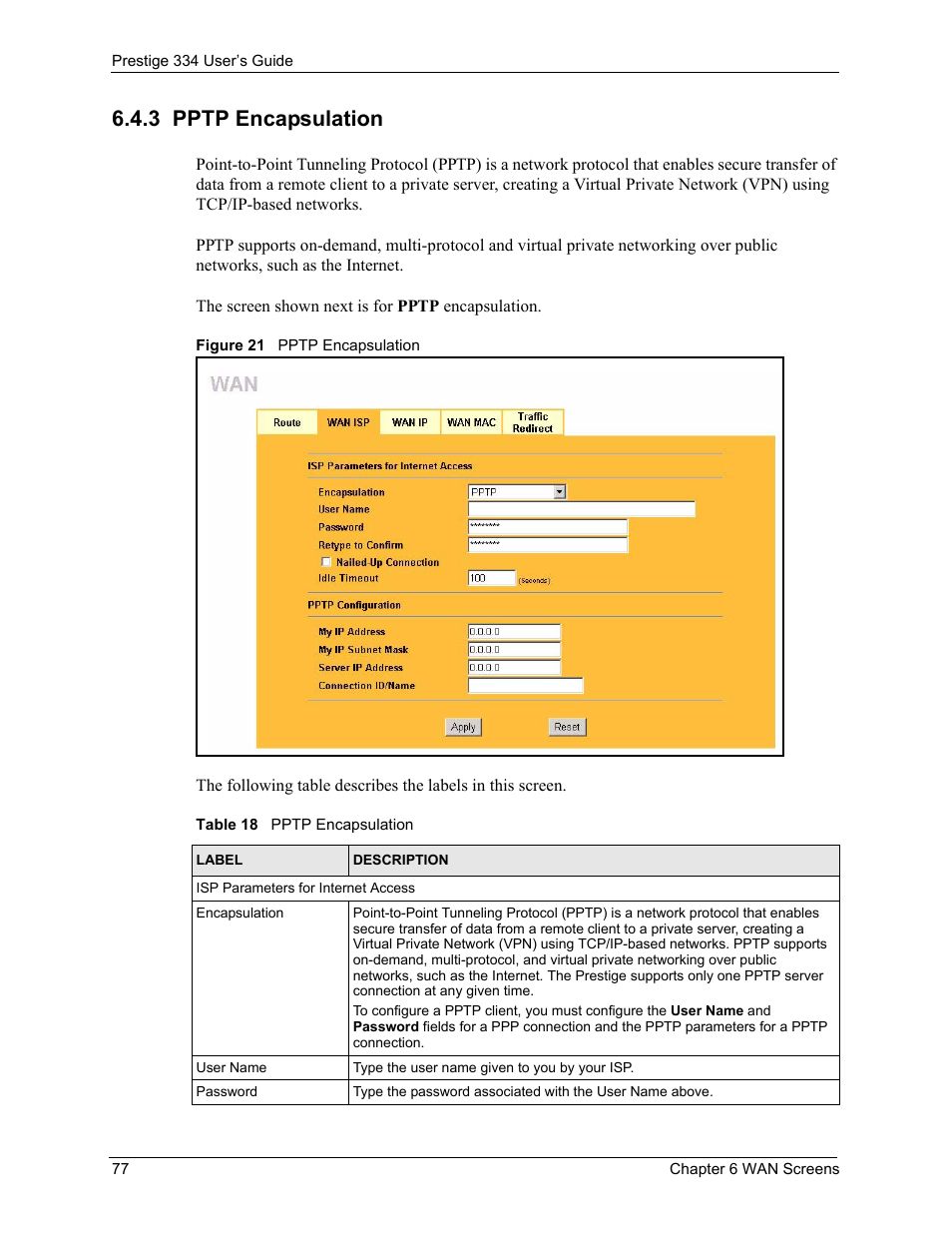 3 pptp encapsulation, Figure 21 pptp encapsulation, Table 18 pptp encapsulation | ZyXEL Communications P-334 User Manual | Page 78 / 366