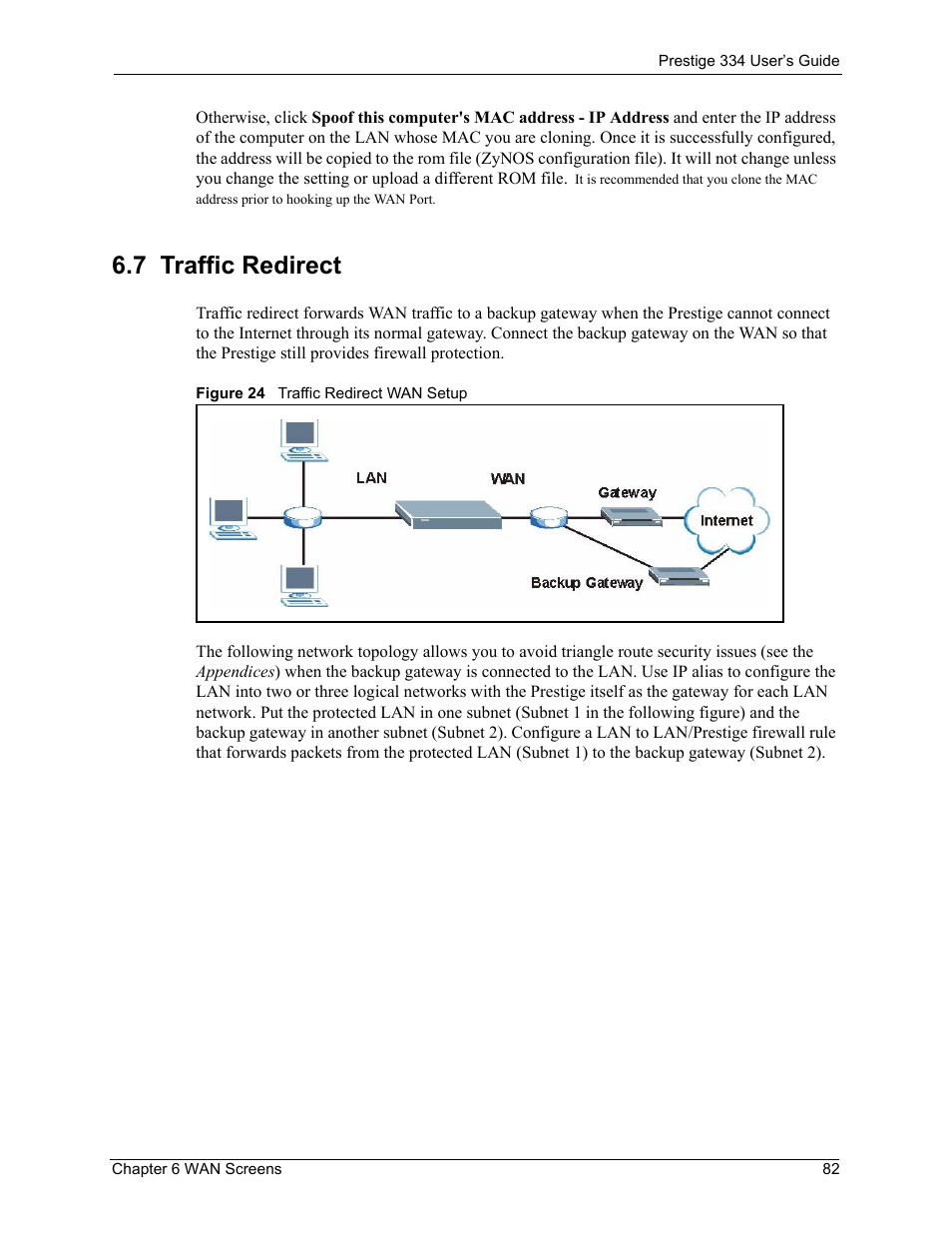7 traffic redirect, Figure 24 traffic redirect wan setup | ZyXEL Communications P-334 User Manual | Page 83 / 366