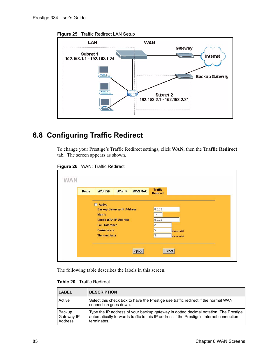 8 configuring traffic redirect, Table 20 traffic redirect | ZyXEL Communications P-334 User Manual | Page 84 / 366