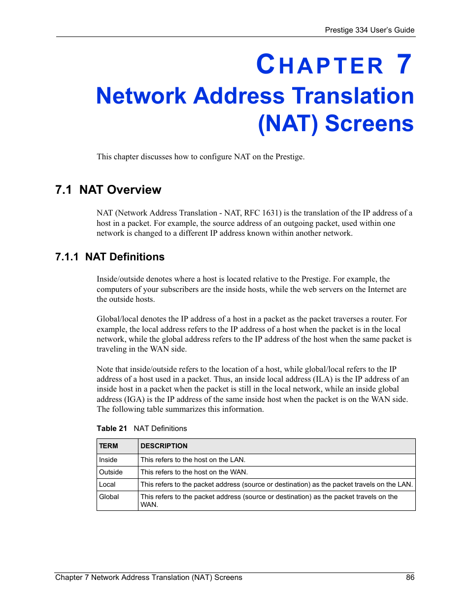 Network address translation (nat) screens, 1 nat overview, 1 nat definitions | Table 21 nat definitions | ZyXEL Communications P-334 User Manual | Page 87 / 366