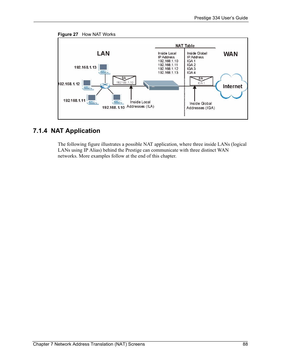 4 nat application, Figure 27 how nat works | ZyXEL Communications P-334 User Manual | Page 89 / 366