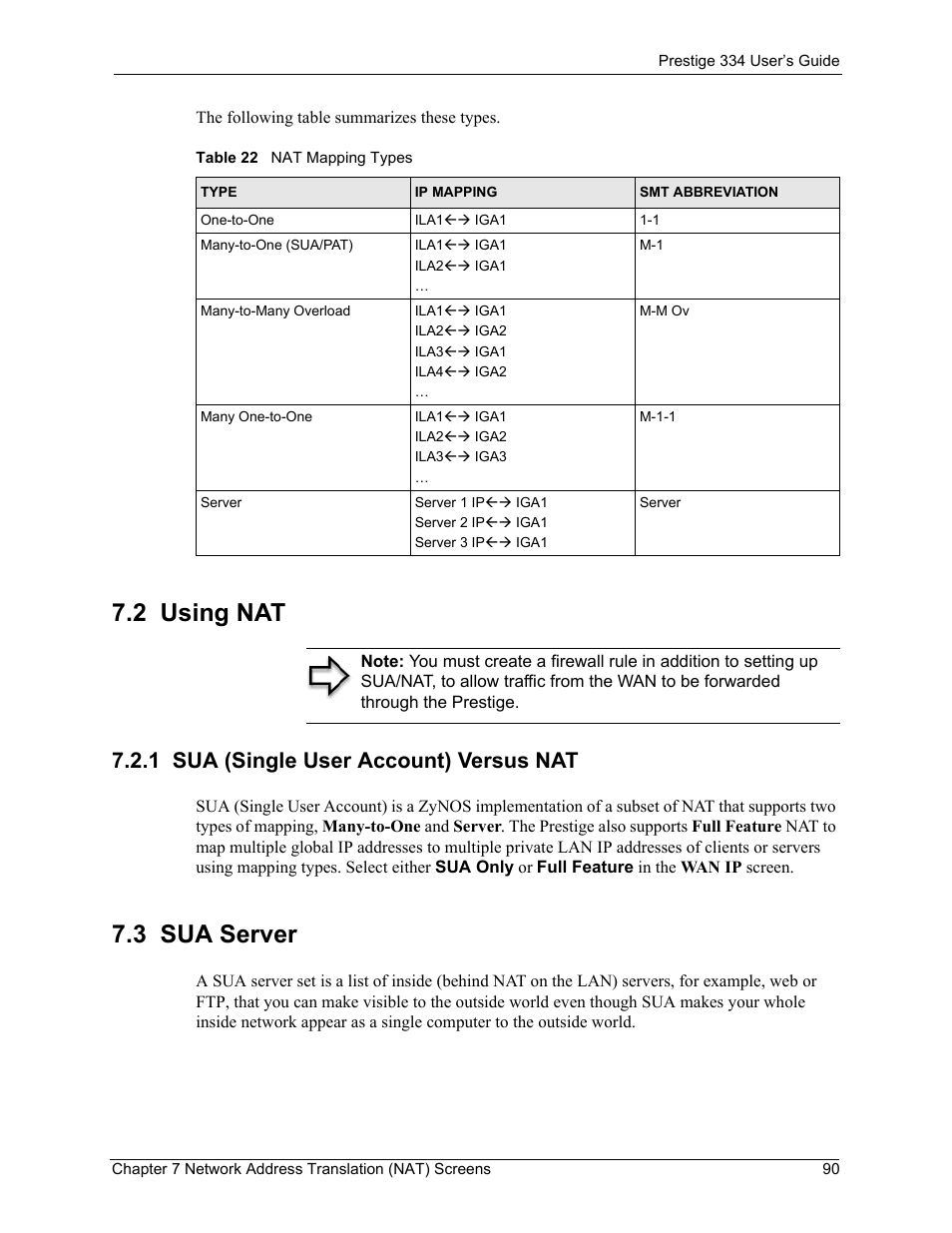 2 using nat, 1 sua (single user account) versus nat, 3 sua server | Table 22 nat mapping types | ZyXEL Communications P-334 User Manual | Page 91 / 366