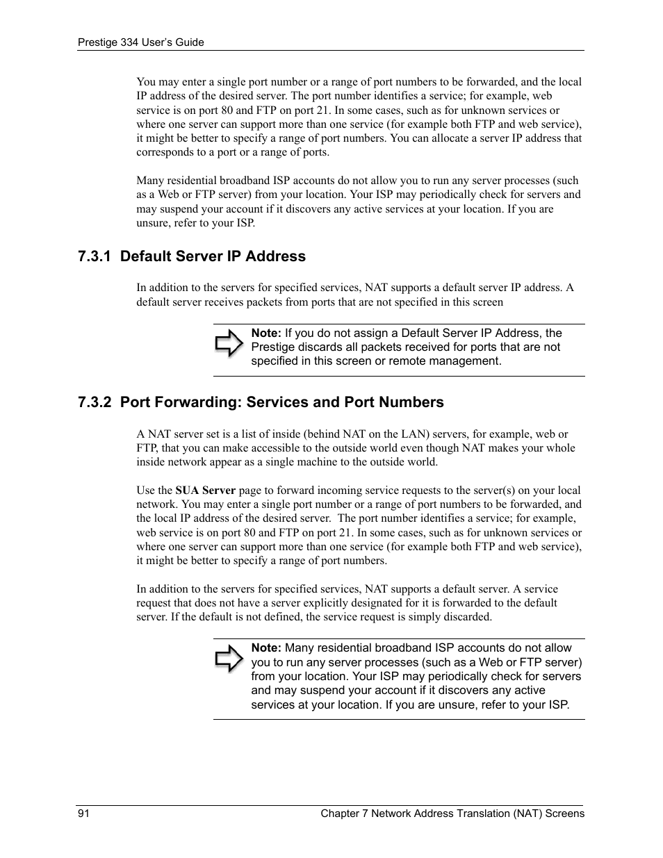 1 default server ip address, 2 port forwarding: services and port numbers | ZyXEL Communications P-334 User Manual | Page 92 / 366
