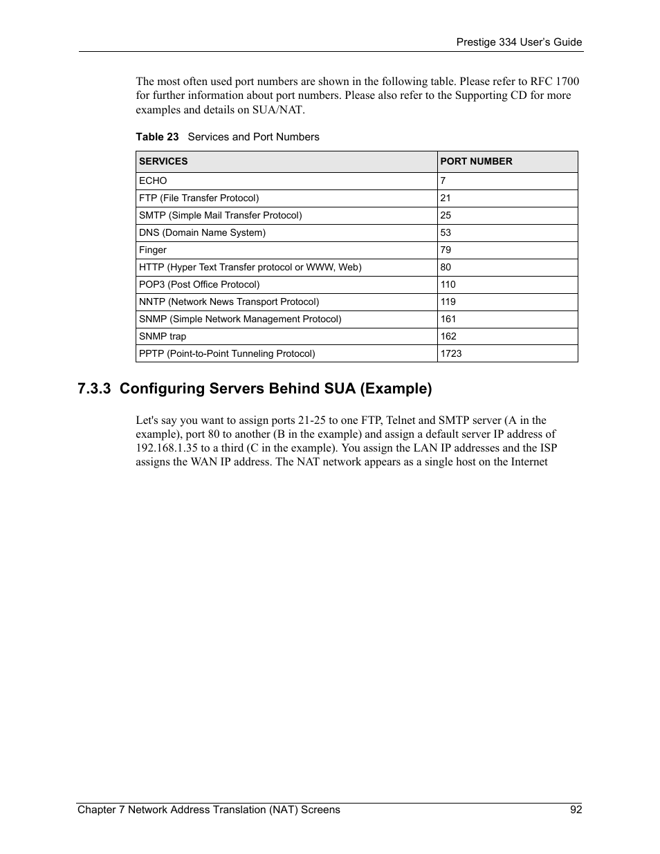 3 configuring servers behind sua (example), Table 23 services and port numbers | ZyXEL Communications P-334 User Manual | Page 93 / 366