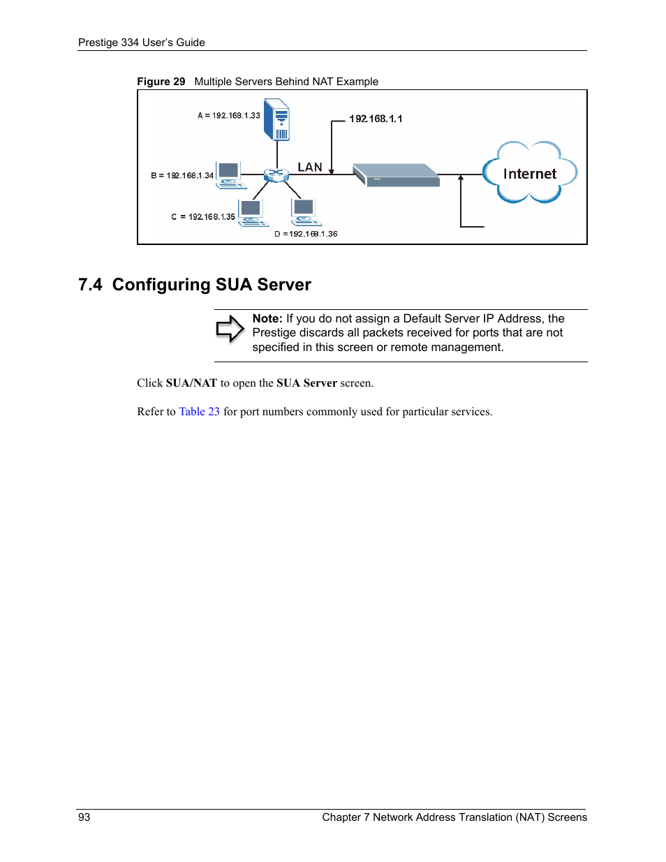 4 configuring sua server, Figure 29 multiple servers behind nat example | ZyXEL Communications P-334 User Manual | Page 94 / 366