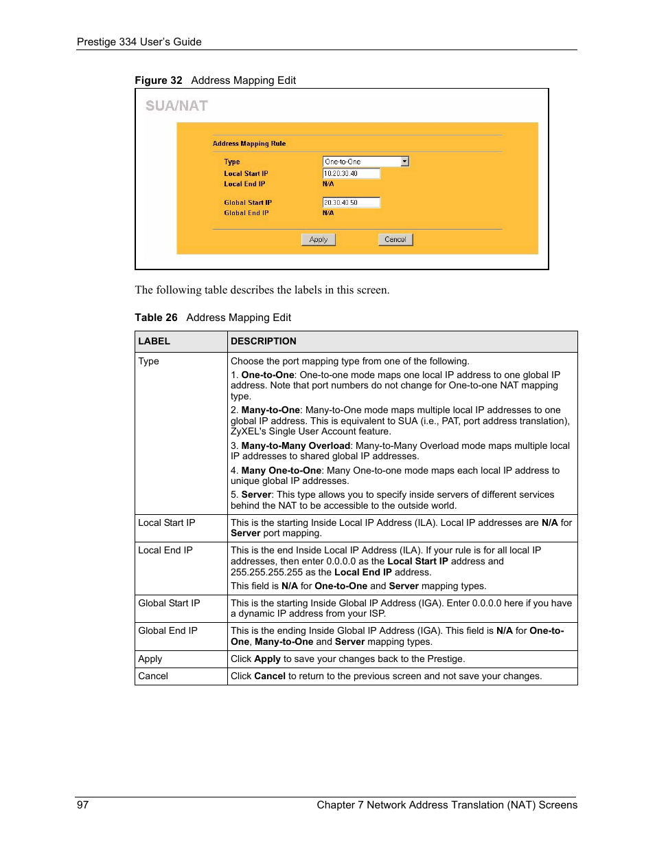 Figure 32 address mapping edit, Table 26 address mapping edit | ZyXEL Communications P-334 User Manual | Page 98 / 366