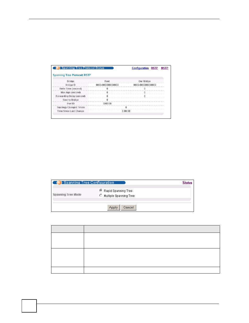2 spanning tree protocol status screen, 3 spanning tree configuration | ZyXEL Communications ES-2108 Series User Manual | Page 106 / 283