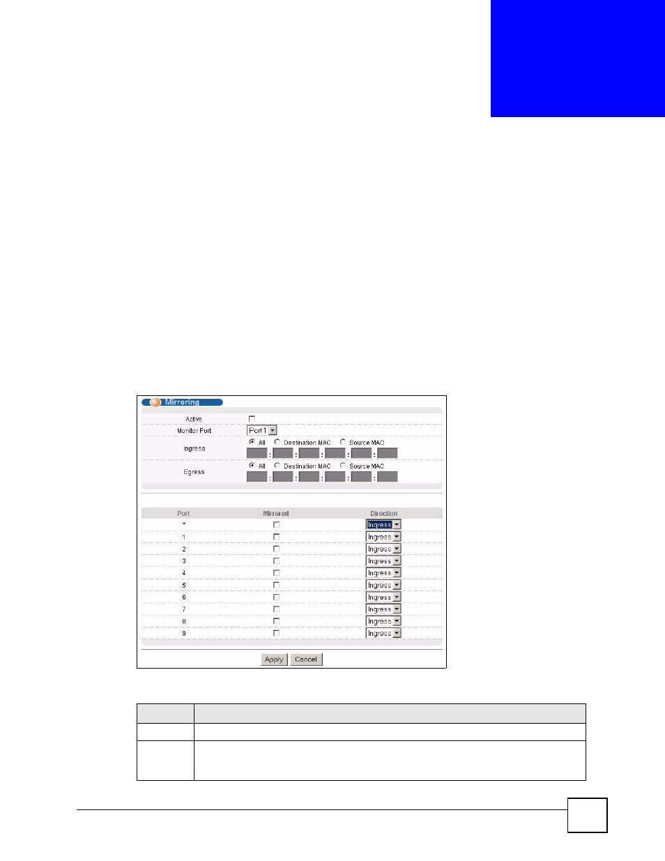 Mirroring, 1 port mirroring setup, Chapter 14 mirroring | Figure 61 advanced application > mirroring, Table 31 advanced application > mirroring, Mirroring (119) | ZyXEL Communications ES-2108 Series User Manual | Page 119 / 283