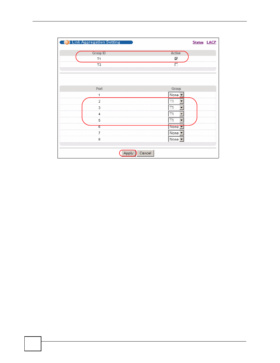 Figure 66 trunking example - configuration screen | ZyXEL Communications ES-2108 Series User Manual | Page 126 / 283