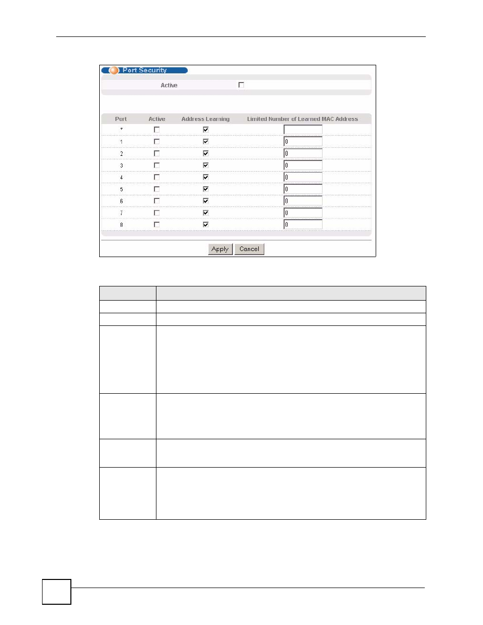 Figure 70 advanced application > port security, Table 38 advanced application > port security | ZyXEL Communications ES-2108 Series User Manual | Page 132 / 283