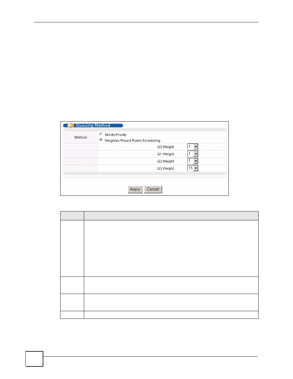 2 configuring queuing method, Figure 72 advanced application > queuing method, Table 41 advanced application > queuing method | ZyXEL Communications ES-2108 Series User Manual | Page 136 / 283