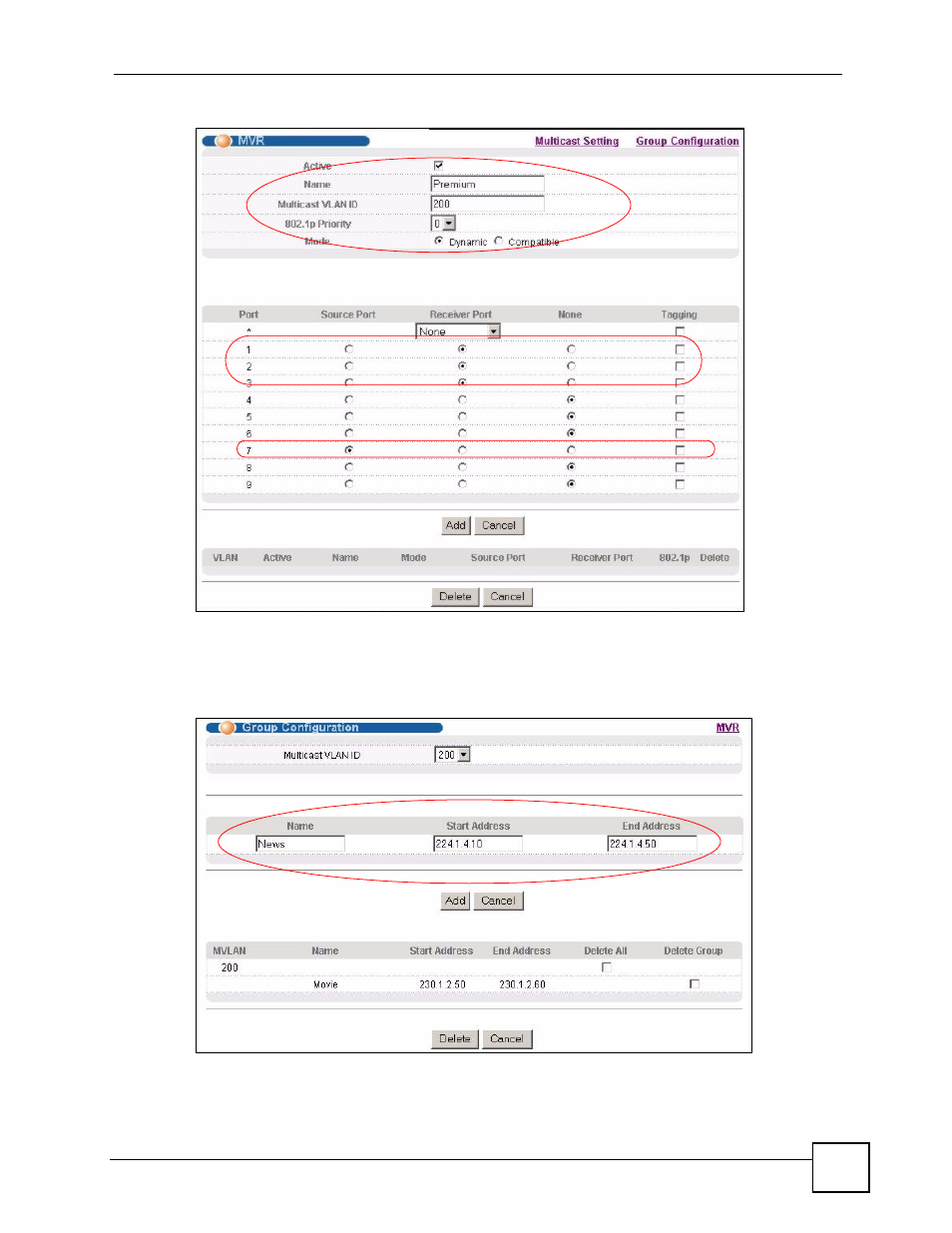 Figure 82 mvr configuration example, Figure 83 mvr group configuration example | ZyXEL Communications ES-2108 Series User Manual | Page 149 / 283