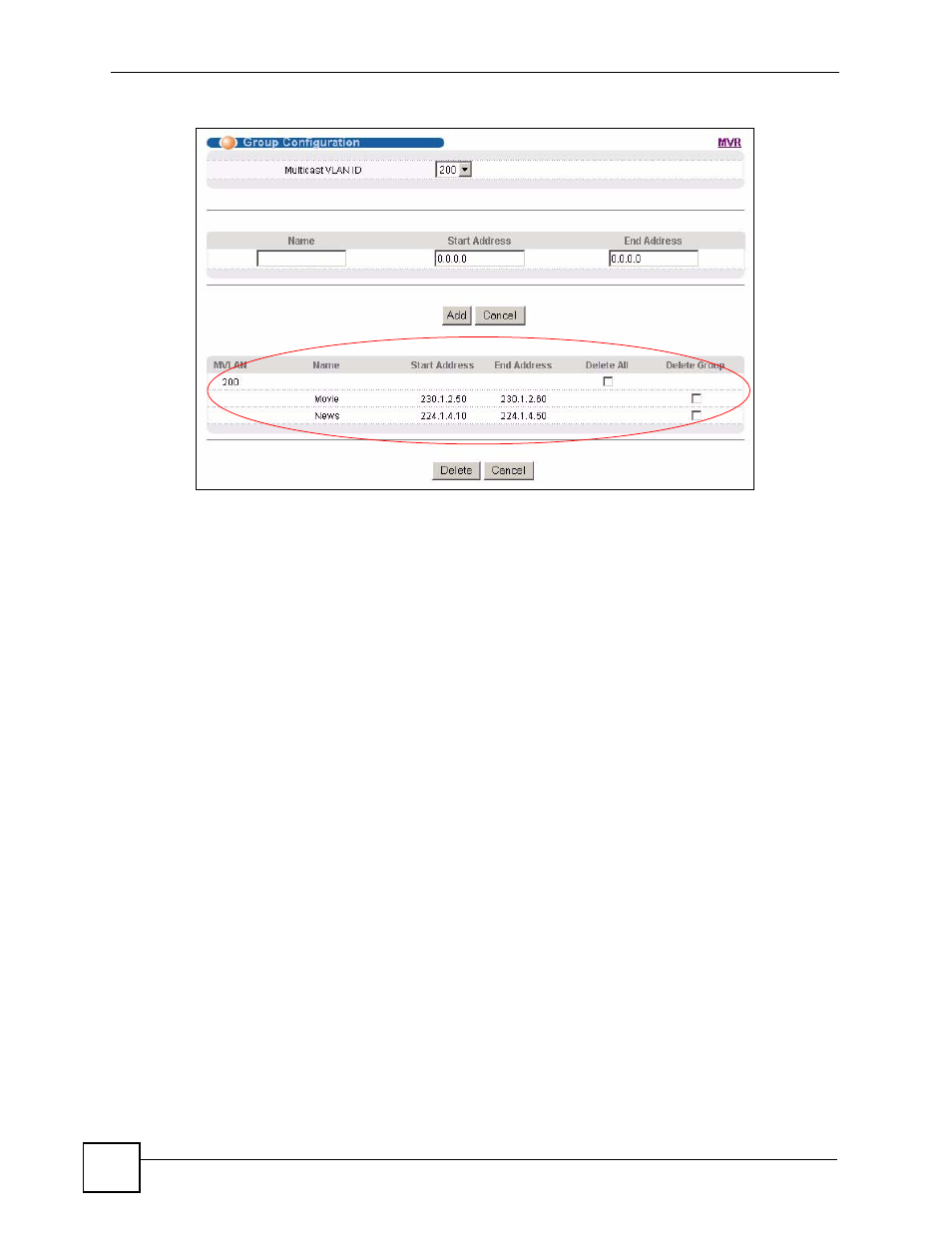 Figure 84 mvr group configuration example | ZyXEL Communications ES-2108 Series User Manual | Page 150 / 283