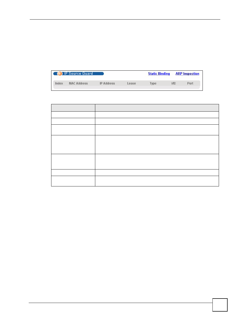 2 ip source guard, 3 ip source guard static binding, Figure 91 advanced application > ip source guard | Table 57 advanced application > ip source guard | ZyXEL Communications ES-2108 Series User Manual | Page 167 / 283