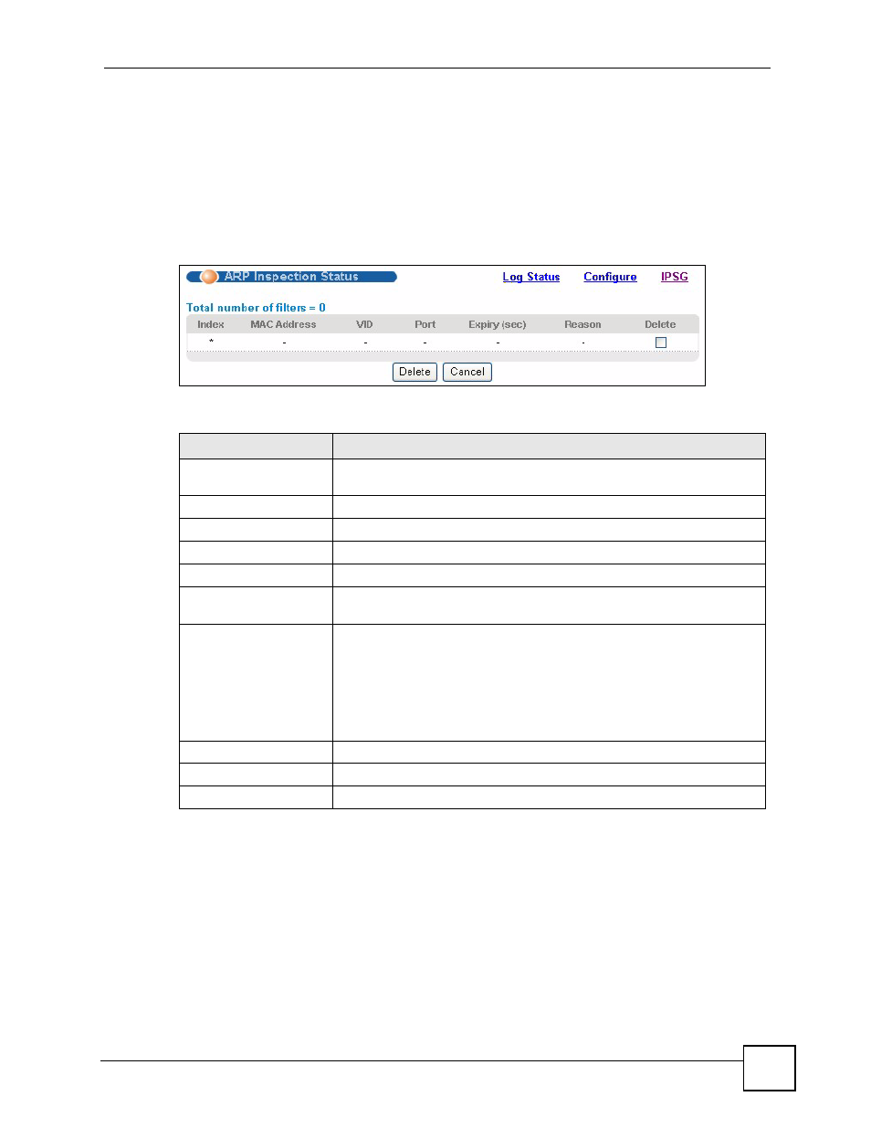 4 arp inspection status, 1 arp inspection log status | ZyXEL Communications ES-2108 Series User Manual | Page 169 / 283