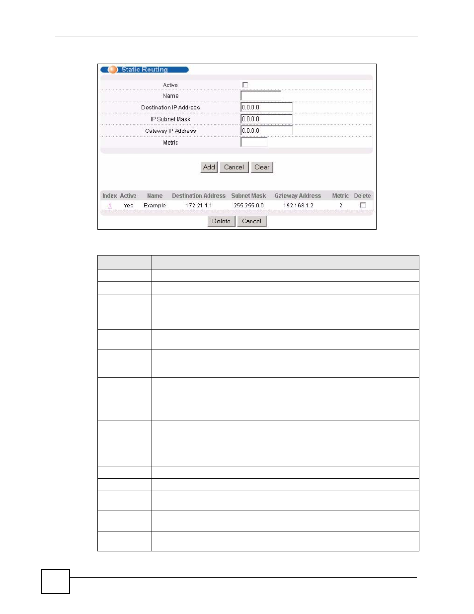 Figure 104 ip application > static routing, Table 65 ip application > static routing | ZyXEL Communications ES-2108 Series User Manual | Page 182 / 283