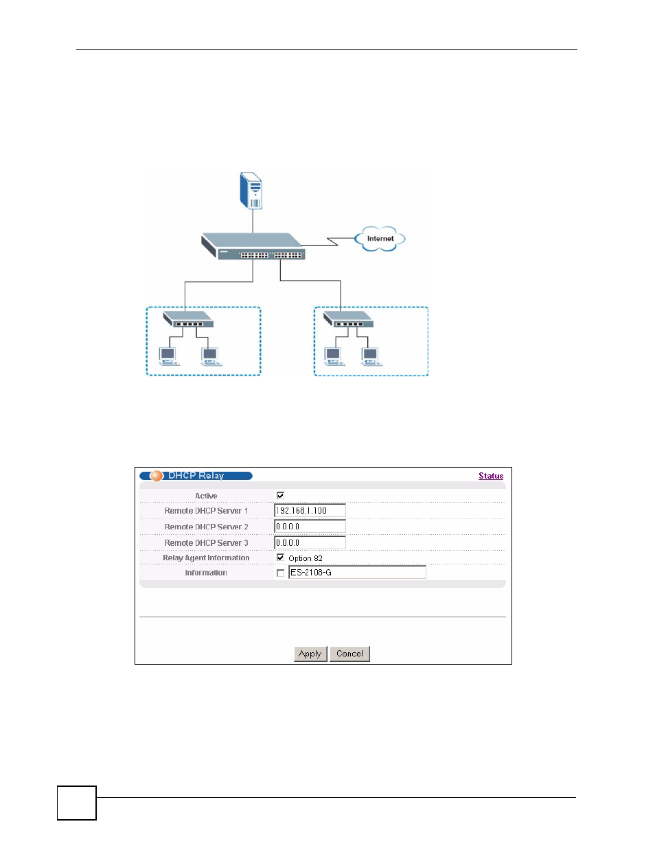 3 global dhcp relay configuration example, 4 configuring dhcp vlan settings, Figure 111 global dhcp relay network example | Figure 112 dhcp relay configuration example | ZyXEL Communications ES-2108 Series User Manual | Page 192 / 283